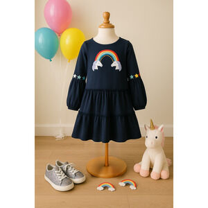 Mini Boden Navy Rainbow Unicorn Appliqué Long Sleeve Dress | Girls 7-8 (128 cm)